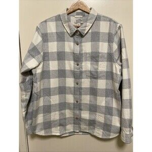 L.L. Bean Womens Gray White Plaid Relaxed Fit Flannel Cotton Shirt Shacket XL